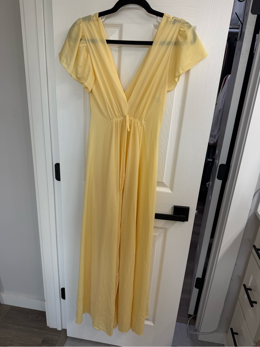 Miss Grant Pale Yellow V-Neck Flutter Sleeve Maxi